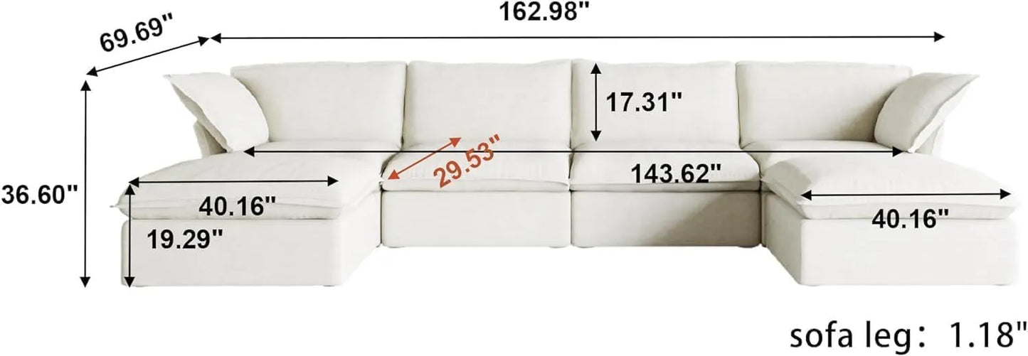 Deluxe Linen Cloud Sectional Sofas | 6-Piece White Cotton and Linen U Shaped Sectionals 4-seaters