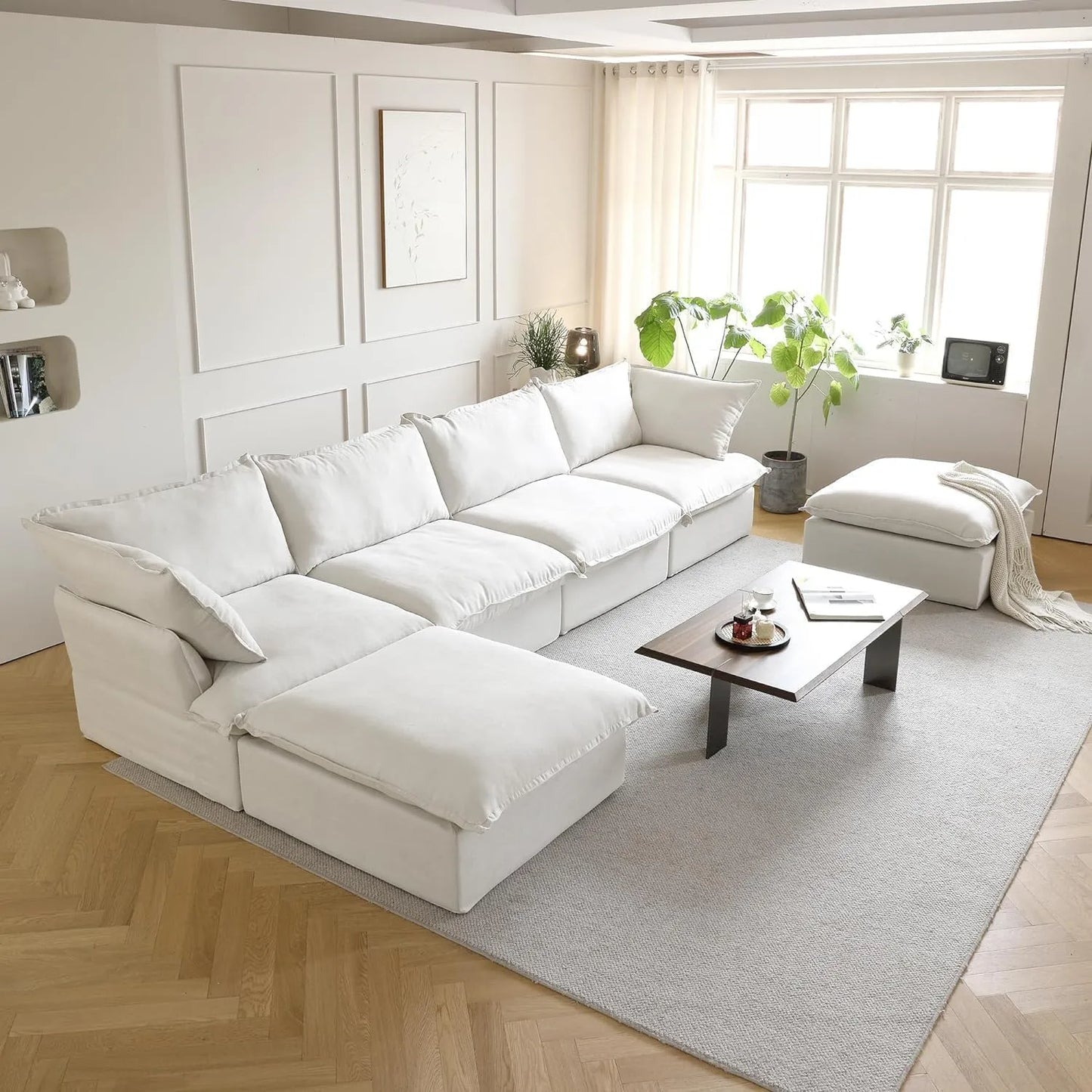 Deluxe Linen Cloud Sectional Sofas | 6-Piece White Cotton and Linen U Shaped Sectionals 4-seaters