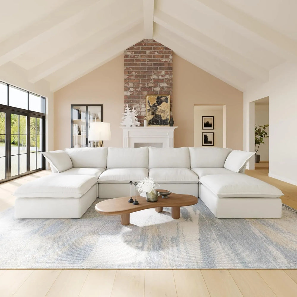 Deluxe Linen Cloud Sectional Sofas | 6-Piece White Cotton and Linen U Shaped Sectionals 4-seaters