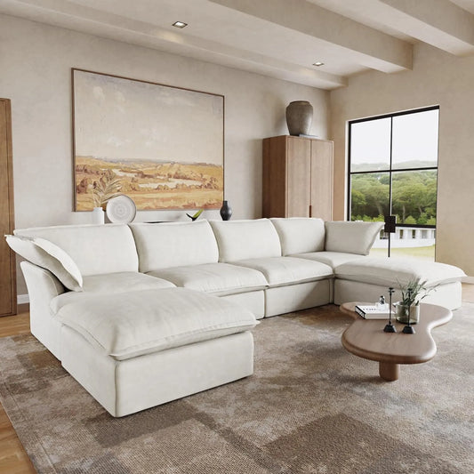 Deluxe Linen Cloud Sectional Sofas | 6-Piece White Cotton and Linen U Shaped Sectionals 4-seaters