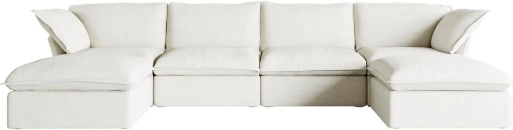 Deluxe Linen Cloud Sectional Sofas | 6-Piece White Cotton and Linen U Shaped Sectionals 4-seaters