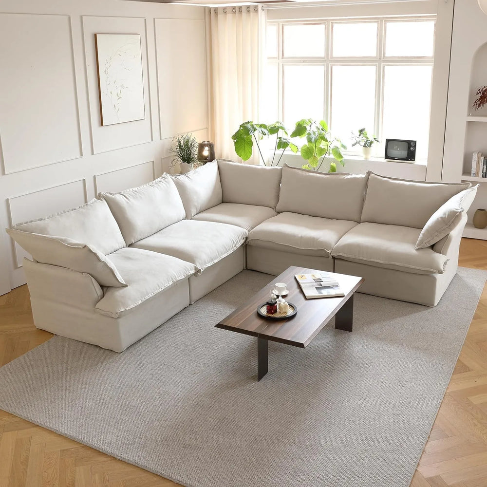 Deluxe Linen Cloud Sectional Sofas | 5-Piece Beige Cotton and Linen V Shaped Sectionals 5-seaters