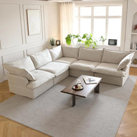 Deluxe Linen Cloud Sectional Sofas | 5-Piece Beige Cotton and Linen V Shaped Sectionals 5-seaters
