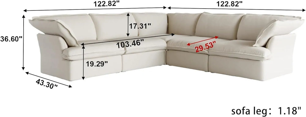 Deluxe Linen Cloud Sectional Sofas | 5-Piece Beige Cotton and Linen V Shaped Sectionals 5-seaters