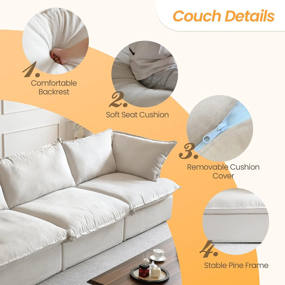 Deluxe Linen Cloud Sectional Sofas | 5-Piece Beige Cotton and Linen V Shaped Sectionals 5-seaters