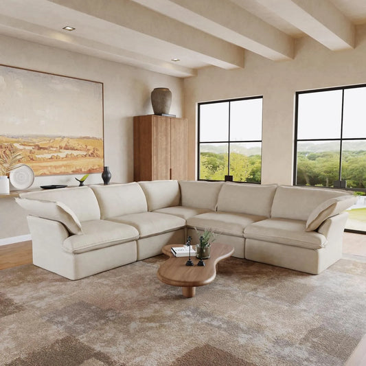 Deluxe Linen Cloud Sectional Sofas | 5-Piece Beige Cotton and Linen V Shaped Sectionals 5-seaters