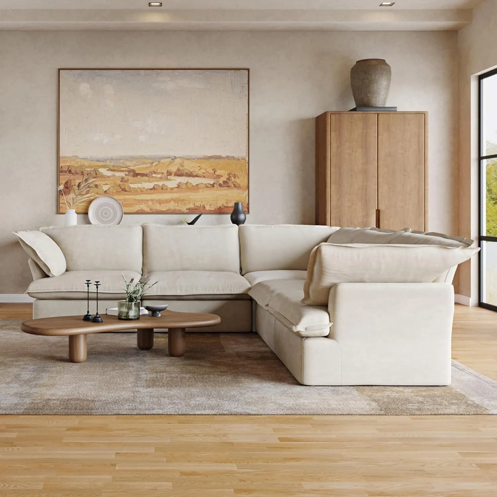 Deluxe Linen Cloud Sectional Sofas | 5-Piece Beige Cotton and Linen V Shaped Sectionals 5-seaters