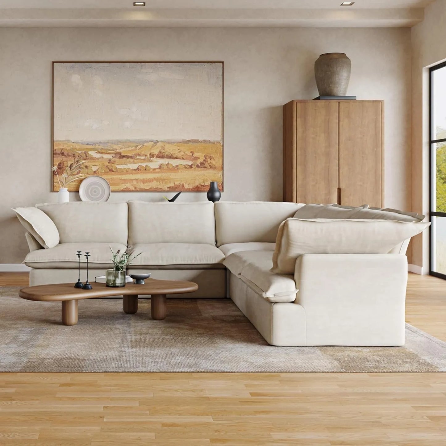 Deluxe Linen Cloud Sectional Sofas | 5-Piece Beige Cotton and Linen V Shaped Sectionals 5-seaters