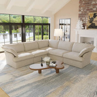 Deluxe Linen Cloud Sectional Sofas | 5-Piece Beige Cotton and Linen V Shaped Sectionals 5-seaters