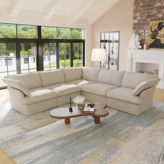 Deluxe Linen Cloud Sectional Sofas | 5-Piece Beige Cotton and Linen V Shaped Sectionals 5-seaters