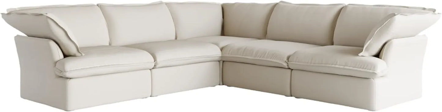 Deluxe Linen Cloud Sectional Sofas | 5-Piece Beige Cotton and Linen V Shaped Sectionals 5-seaters