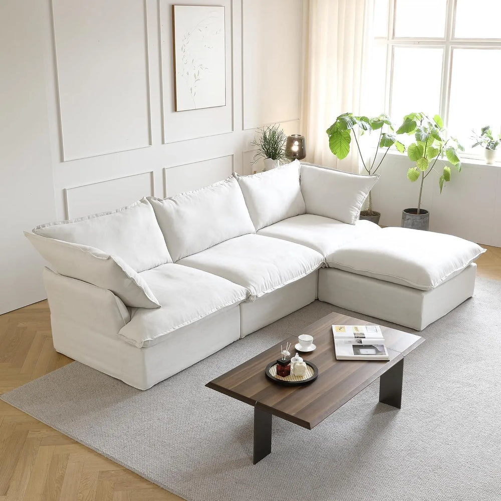 Deluxe Linen Cloud Sectional Sofas | 4-Piece White Cotton and Linen L Shaped Sectionals 3-seaters