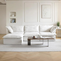 Deluxe Linen Cloud Sectional Sofas | 4-Piece White Cotton and Linen L Shaped Sectionals 3-seaters