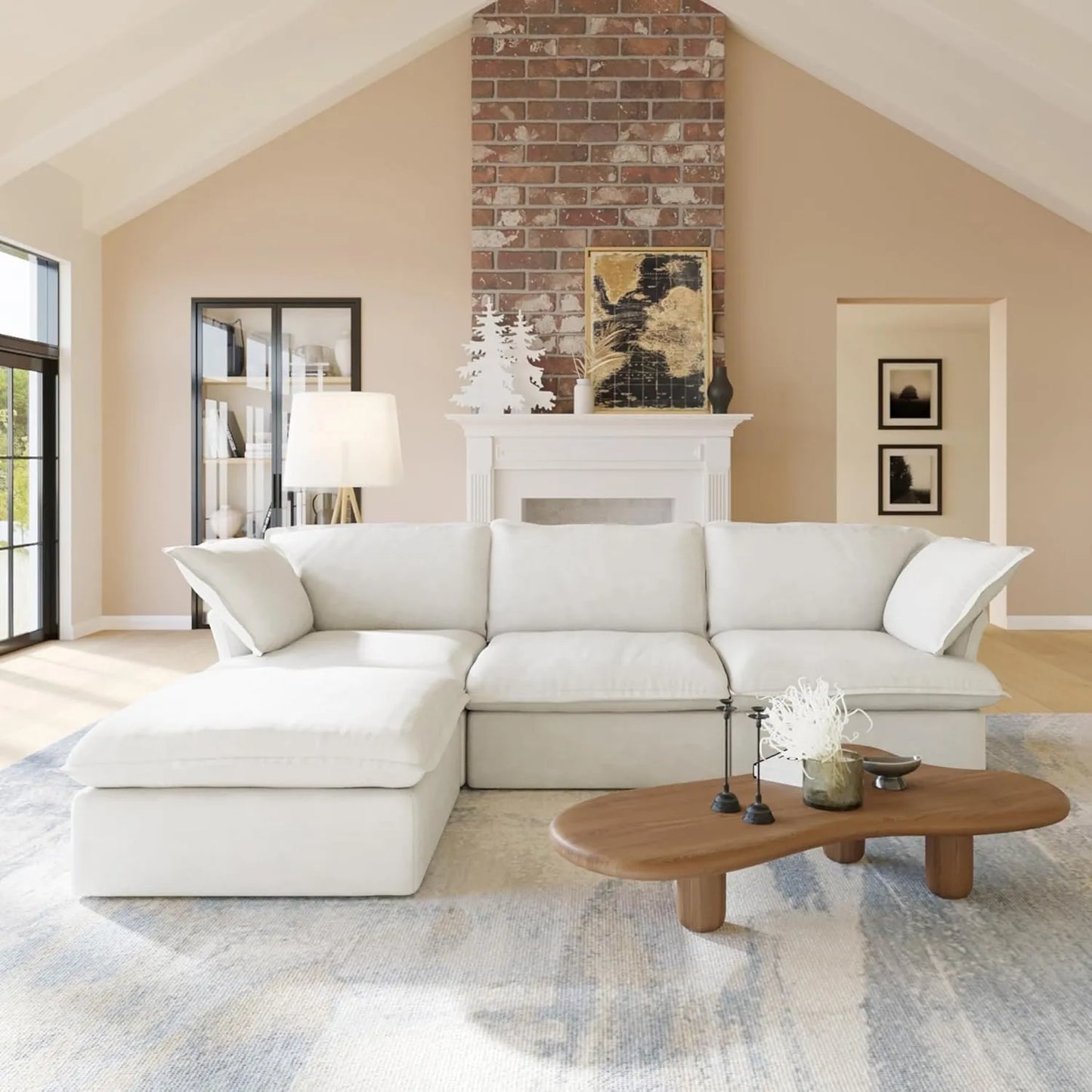 Deluxe Linen Cloud Sectional Sofas | 4-Piece White Cotton and Linen L Shaped Sectionals 3-seaters