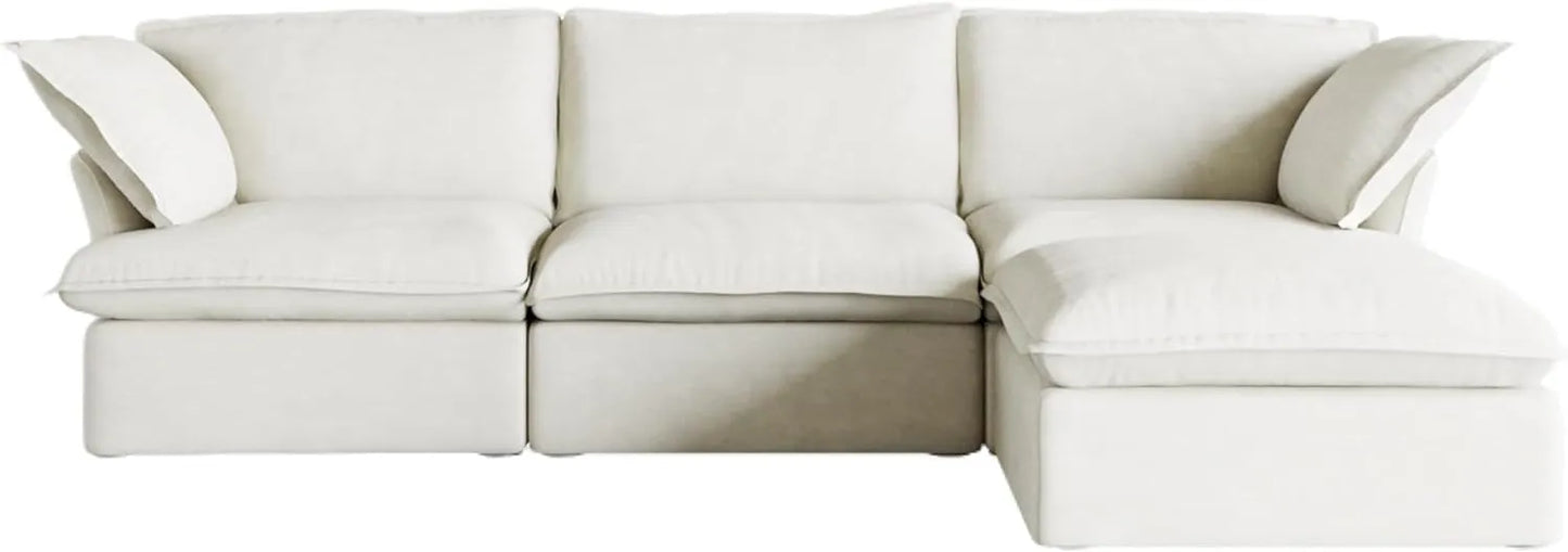 Deluxe Linen Cloud Sectional Sofas | 4-Piece White Cotton and Linen L Shaped Sectionals 3-seaters