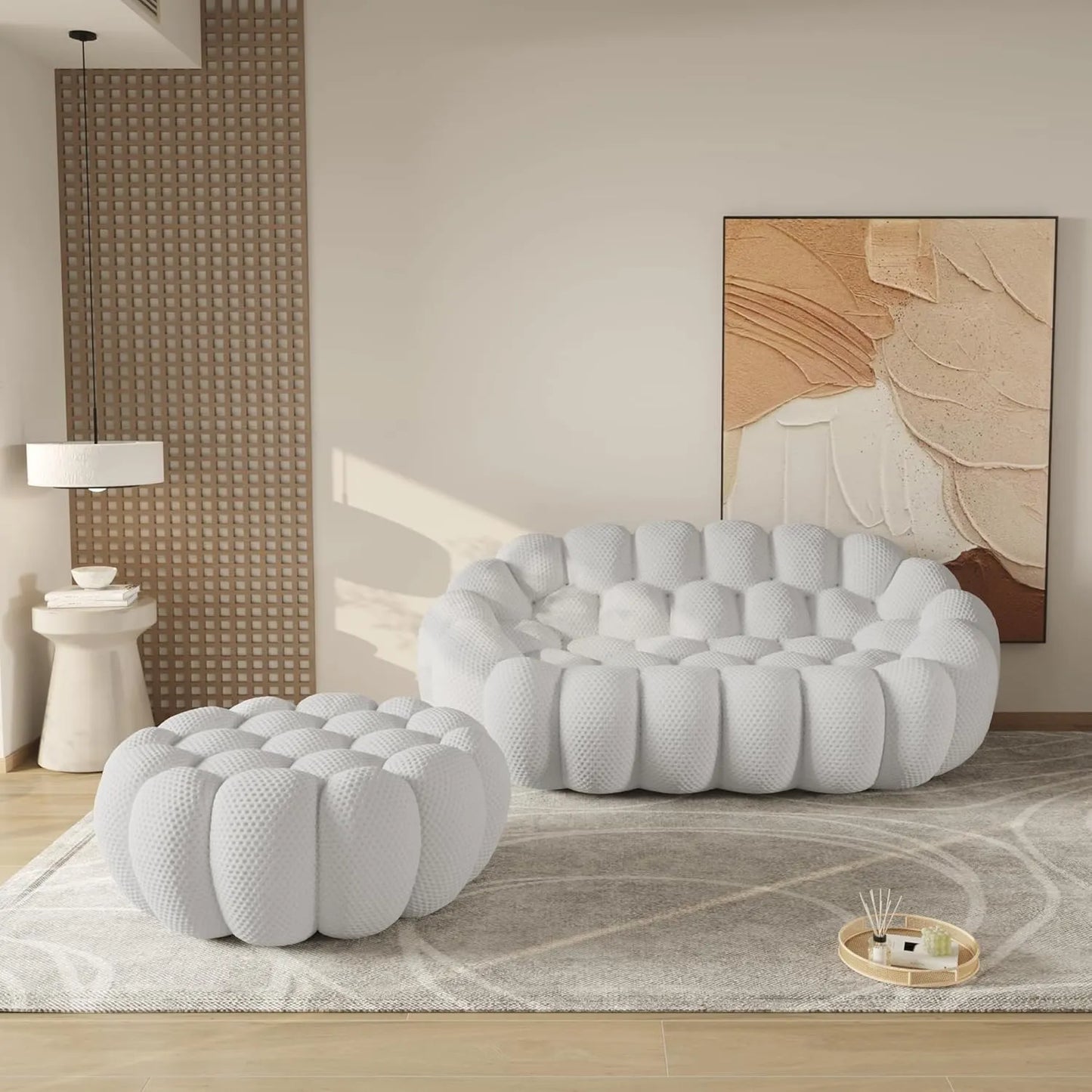 Essential Floor Sofas | Light Grey 3D Knitted Fabric Loveseats 2-seaters with 1 Ottoman