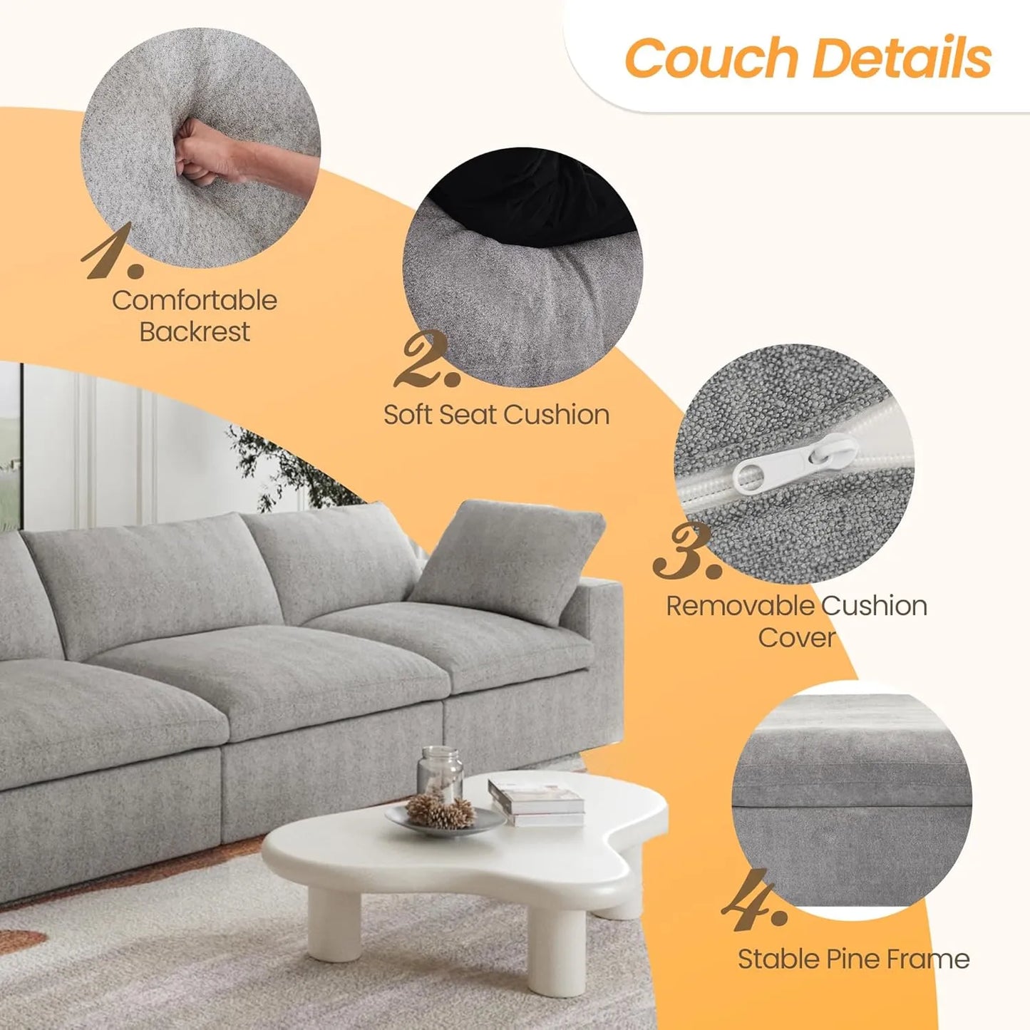 Deluxe Premium Cloud Sectional Sofas | Light Grey Cotton and Linen Couch Sectionals 3-seaters