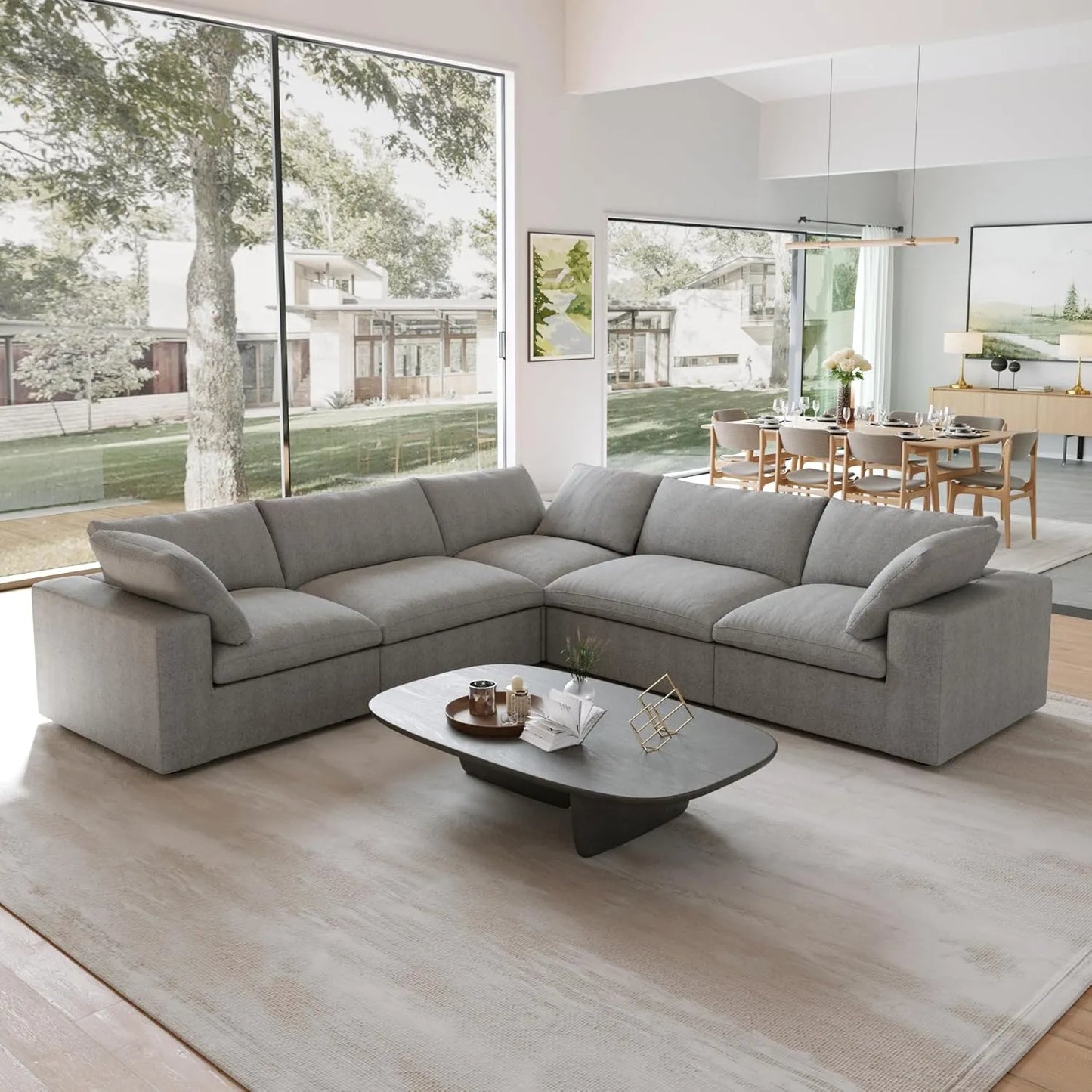 Deluxe Premium Cloud Sectional Sofas | Light Grey Cotton and Linen Couch Sectionals 5-seaters