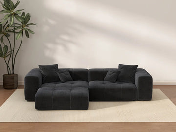Matrix 2-Seater Black Linen Chaise Sectional | 3-Piece (Includes 1 Ottoman), Small Space