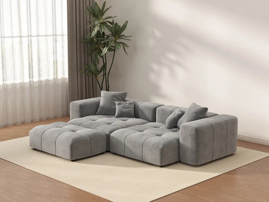 Matrix 2-Seater Chaise Sectional in Light-Grey Linen | 3-Piece (Includes 1 Ottoman), Lounge Room Seating, Modern Style