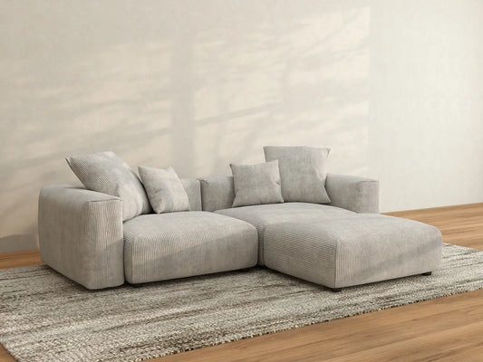 Matrix 2-Seater Grey Chaise Sectional | 3-Piece (Includes 1 Ottoman), Corduroy Fabric, Lounge Room Seating, Washable Cushion Covers