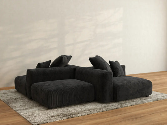 Matrix 2-Seater Black Symmetrical Sectional | 4-Piece (Includes 2 Ottomans), Corduroy Fabric, Living Room Seating, Washable Cushion Covers