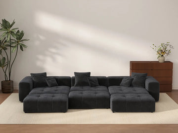 Matrix 3-Seater Black Large Space Pit Sectional | 6-Piece (Includes 3 Ottomans), Linen Fabric