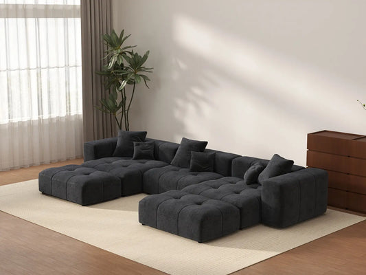 Matrix 3-Seater Black Linen U-Shaped Sectional | 5-Piece (Includes 2 Ottomans), Stylish Design