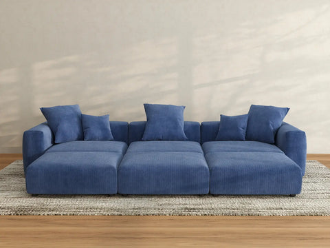 Matrix 3-Seater Blue Pit Sectional | 6-Piece (Includes 3 Ottomans), Corduroy Fabric, Family Room Seating, Washable Cushion Covers