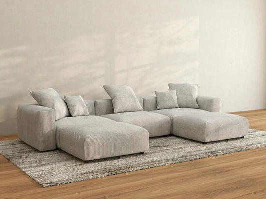 Matrix 3-Seater Grey U-Shaped Sectional | 5-Piece (Includes 2 Ottomans), Corduroy Fabric, Family Room Seating, Washable Cushion Covers