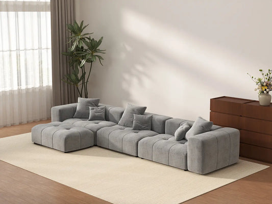 Matrix 3-Seater Light-Grey Sofa Set | 4-Piece (Includes 1 Ottoman), Linen Fabric