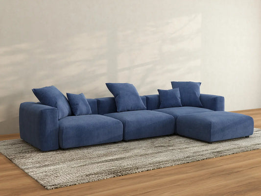 Matrix 3-Seater Sofa Set in Blue Corduroy | 4-Piece (Includes 1 Ottoman), Easy To Clean, Modern Style