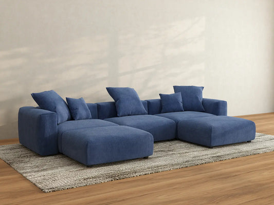 Matrix 3-Seater U-Shaped Sectional in Blue Corduroy | 5-Piece (Includes 2 Ottomans), Family Room Seating, Easy To Clean, Modular Design