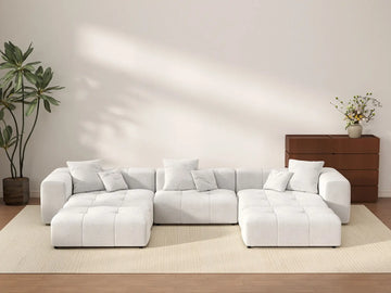 Matrix 3-Seater White Large Space U-Shaped Sectional | 5-Piece (Includes 2 Ottomans), Linen Fabric