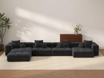 Matrix 4-Seater Black Large Space L-Shaped Sectional | 5-Piece (Includes 1 Ottoman), Linen Fabric