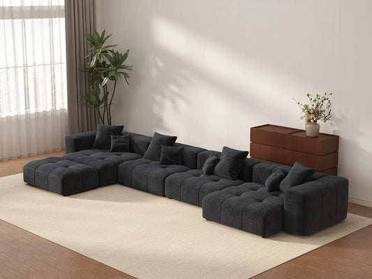 Matrix 4-Seater Black Large Space L-Shaped Sectional | 5-Piece (Includes 1 Ottoman), Linen Fabric
