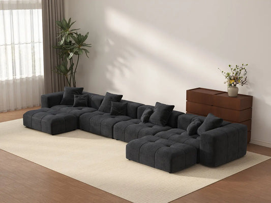 Matrix 4-Seater U-Shaped Sectional in Black Linen | 6-Piece (Includes 2 Ottomans), Family Room Seating, Contemporary Style