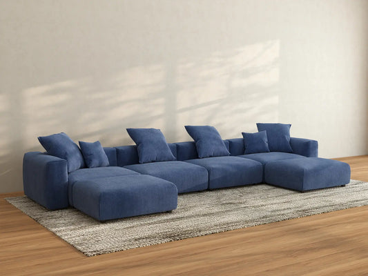 Matrix 4-Seater U-Shaped Sectional in Blue Corduroy | 6-Piece (Includes 2 Ottomans), Family Room Seating, Easy To Clean, Contemporary Style