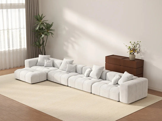 Matrix 4-Seater White Large Space L-Shaped Sectional | 5-Piece (Includes 1 Ottoman), Linen Fabric