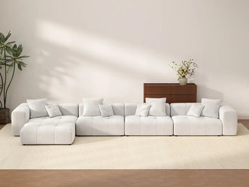 Matrix 4-Seater White Large Space L-Shaped Sectional | 5-Piece (Includes 1 Ottoman), Linen Fabric