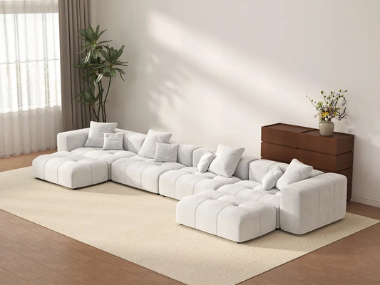 Matrix 4-Seater White U-Shaped Sectional | 6-Piece (Includes 2 Ottomans), Linen Fabric, Family Room Seating