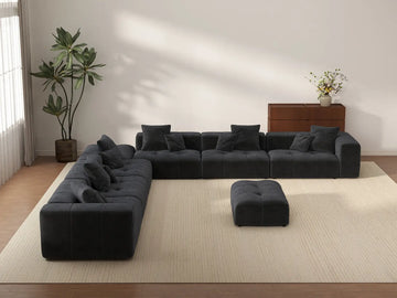 Matrix 6-Seater Black Linen Sofa Set | 8-Piece (Includes 2 Ottomans), Stylish Design