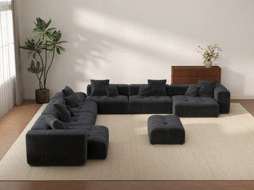 Matrix 6-Seater Black Open Space Sofa Set | 8-Piece (Includes 2 Ottomans), Linen Fabric