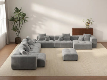 Matrix 6-Seater Light Grey Linen Sofa Set | 8-Piece (Includes 2 Ottomans), Open Space