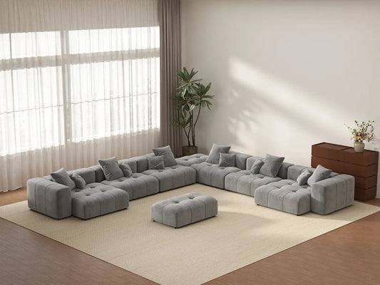 Matrix 6-Seater Light Grey Linen Sofa Set | 8-Piece (Includes 2 Ottomans), Open Space