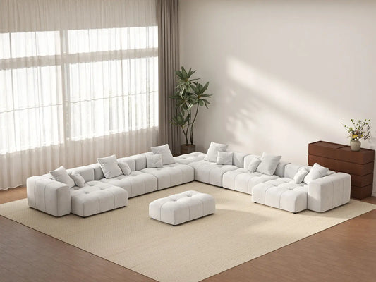 Matrix 6-Seater White Linen Sofa Set | 8-Piece (Includes 2 Ottomans), Modern Style