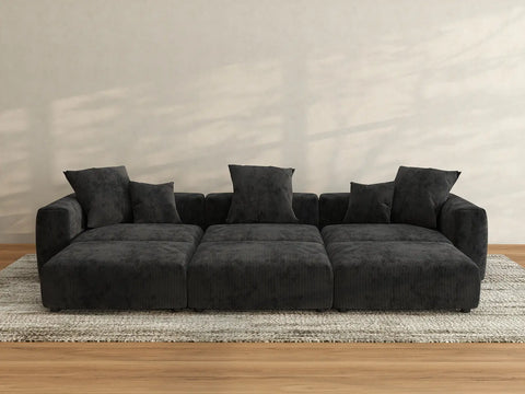Matrix 3-Seater Pit Sectional in Black Corduroy | 6-Piece (Includes 3 Ottomans), Family Room Seating, Easy To Clean, Modern Style
