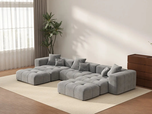 Matrix 3-Seater Light Grey Large Space U-Shaped Sectional | 5-Piece (Includes 2 Ottomans), Linen Fabric