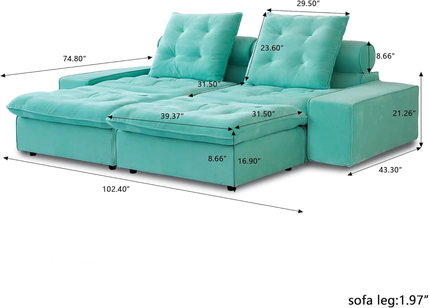 Deluxe Adjustable Cloud Sectional Sofas | Tiffany Blue Frosted Velvet Loveseats 2-seaters