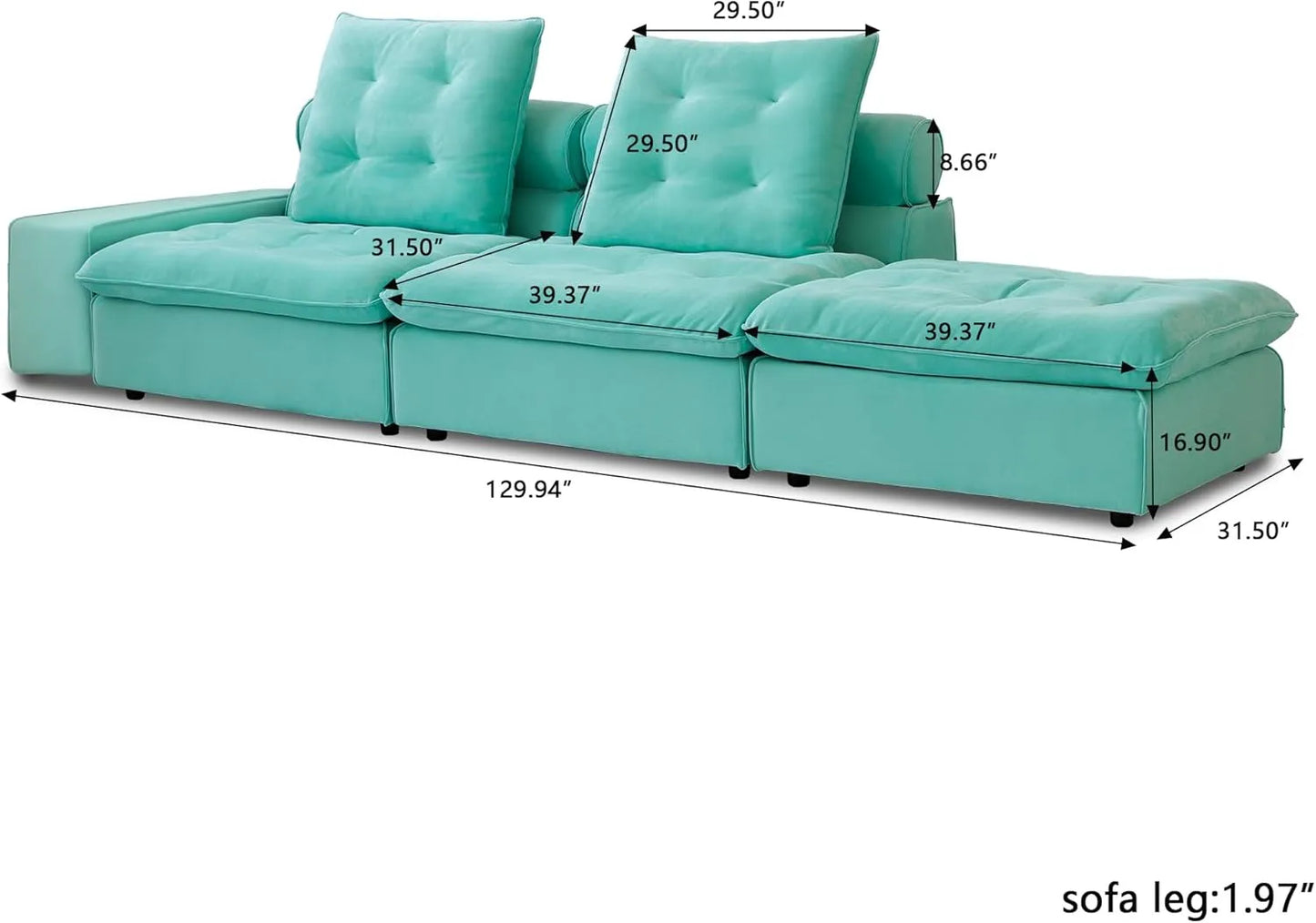 Deluxe Adjustable Cloud Sectional Sofas | Tiffany Blue Frosted Velvet Loveseats 2-seaters with 1 Ottoman
